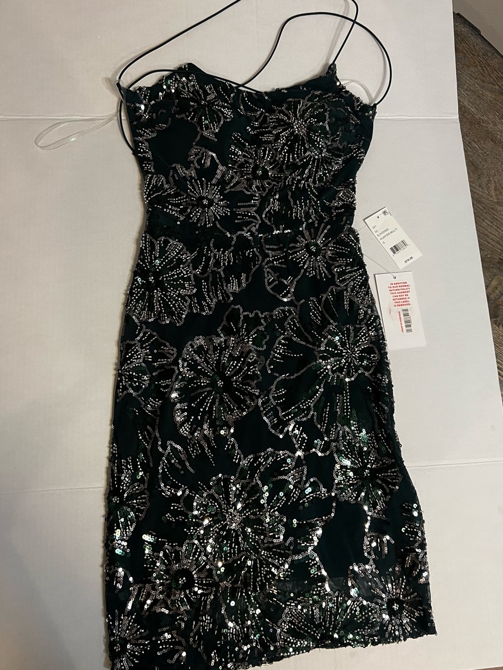 Dark Green Sequin Floral Slip Mini Dress with Silver Embellishment
